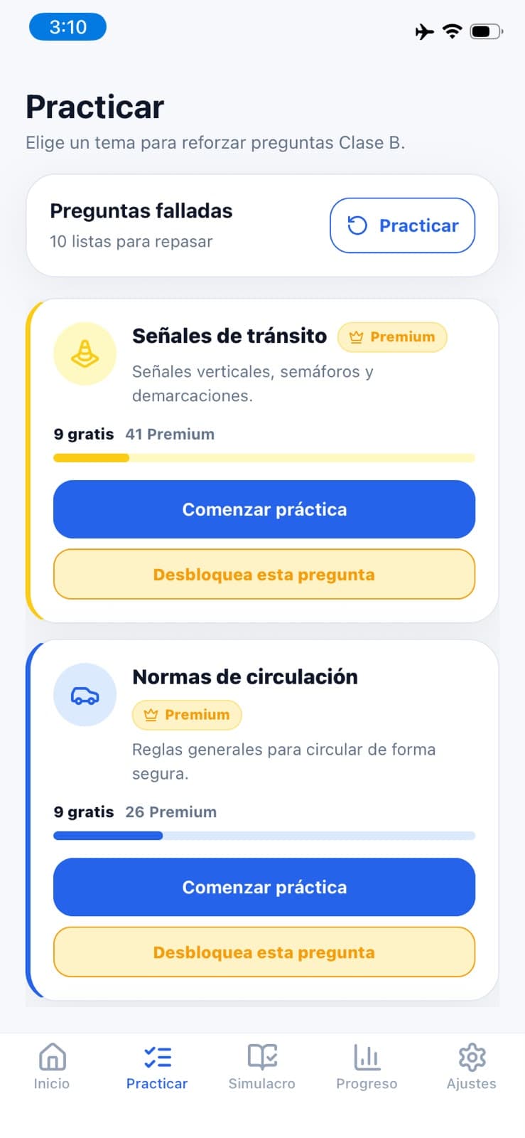Práctica por temas de señales y normas de circulación en MiTest Conducir Chile