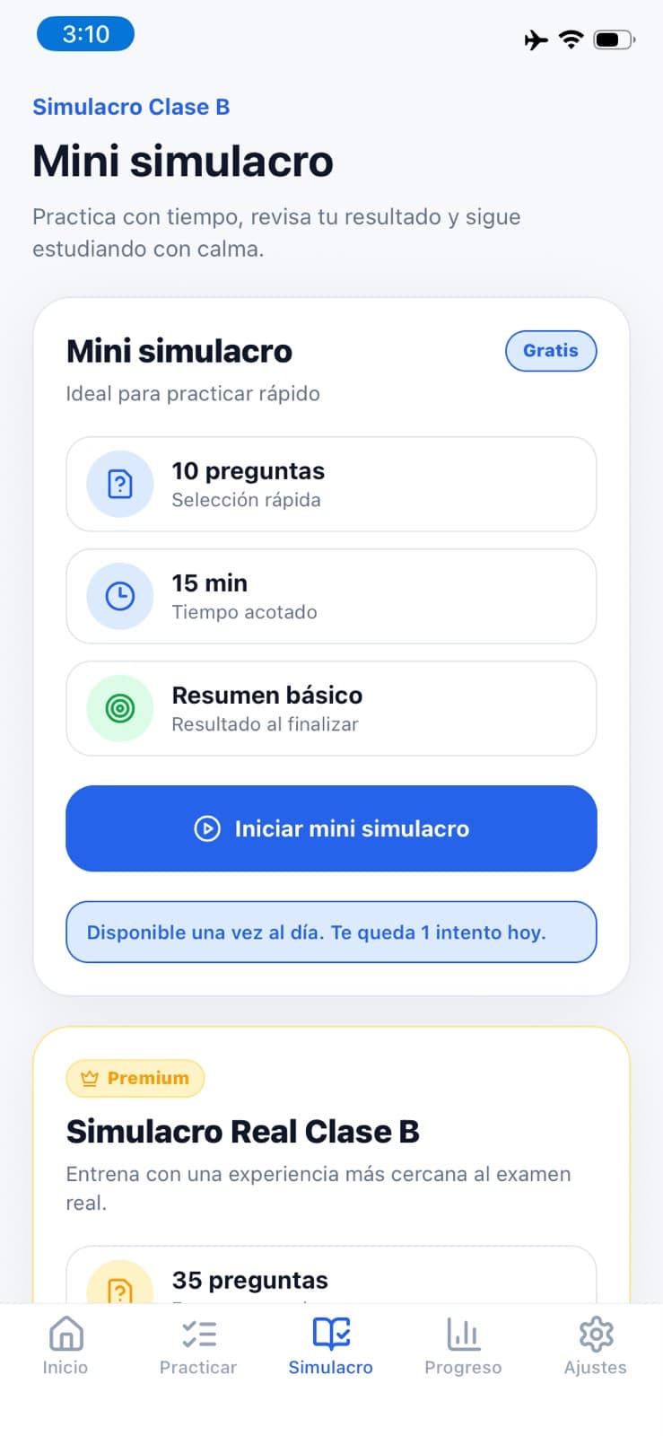 Selección de mini simulacro y simulacro real Clase B