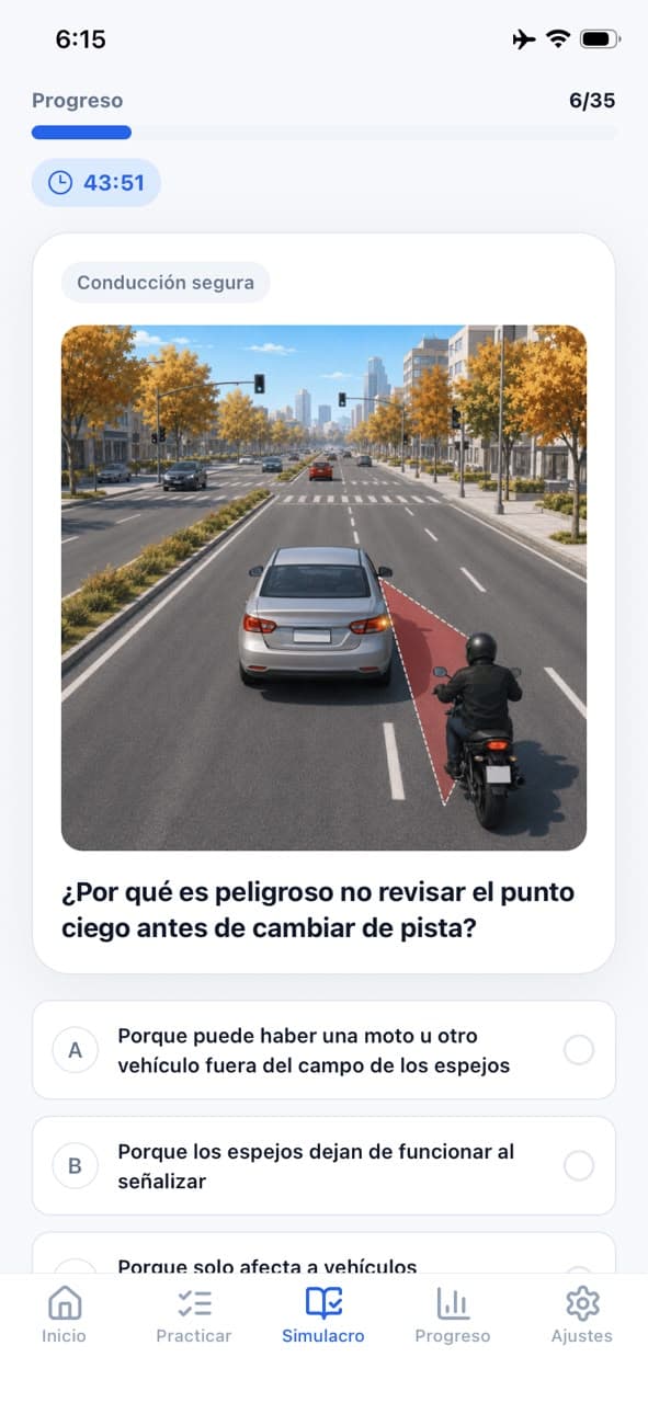 Pregunta tipo examen de conducir sobre el punto ciego al cambiar de pista