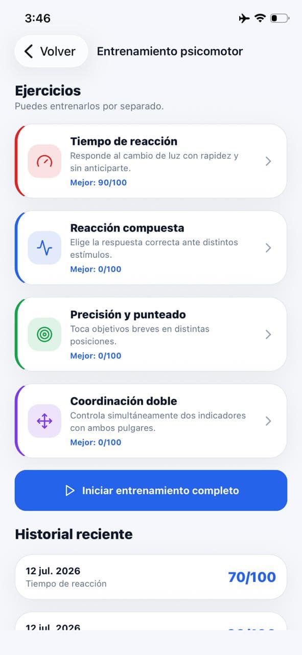 Menú de ejercicios de reacción, precisión y coordinación psicomotora