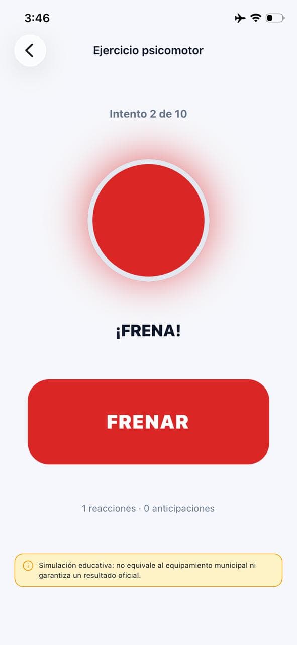 Ejercicio psicomotor para practicar el tiempo de reacción al frenar