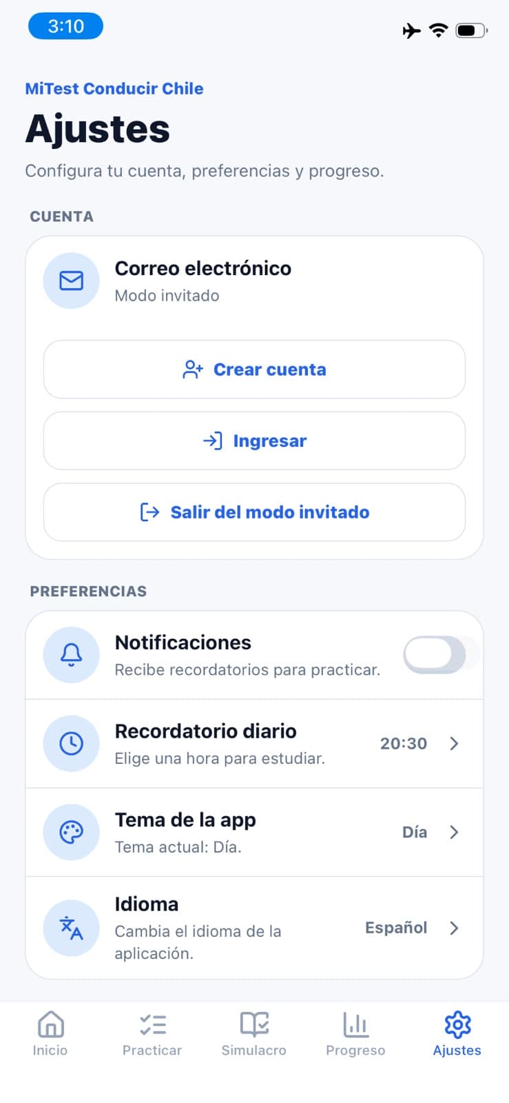 Ajustes de cuenta, notificaciones, horario e idioma de MiTest Conducir Chile