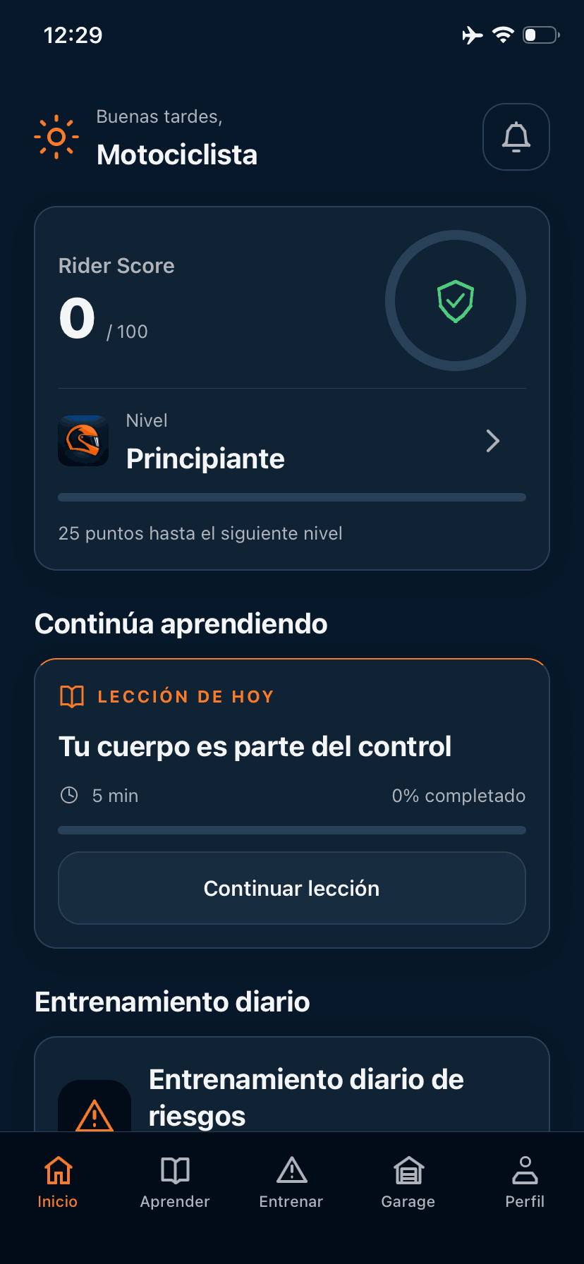 Inicio de RiderSense con Rider Score, nivel Principiante, lección del día y entrenamiento diario