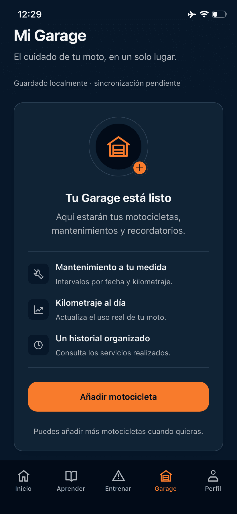 Mi Garage de RiderSense para añadir motocicletas, registrar kilometraje y organizar mantenimientos