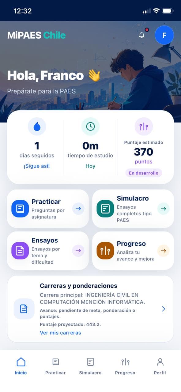 Pantalla de inicio de MiPAES Chile con accesos a práctica, simulacros, progreso y ponderaciones
