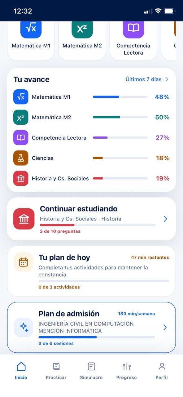 Resumen de avance por prueba y plan de estudio diario en MiPAES Chile