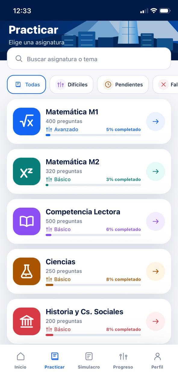 Selección de asignaturas y temas para practicar en MiPAES Chile