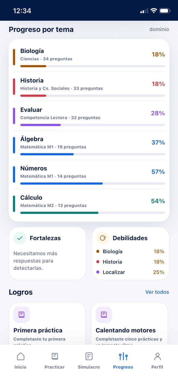 Progreso por temas, fortalezas y contenidos por reforzar en MiPAES Chile